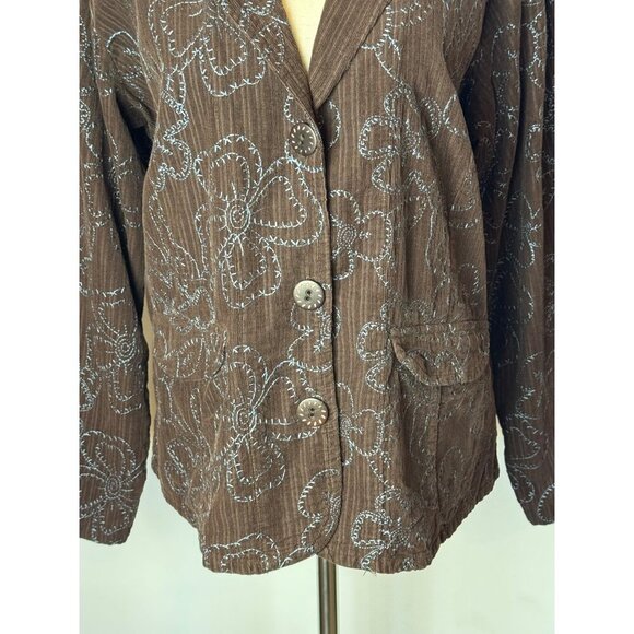 Flax Blazer Women Small Brown Blue Floral Embroidery Corduroy Chore Coat - Picture 8 of 11